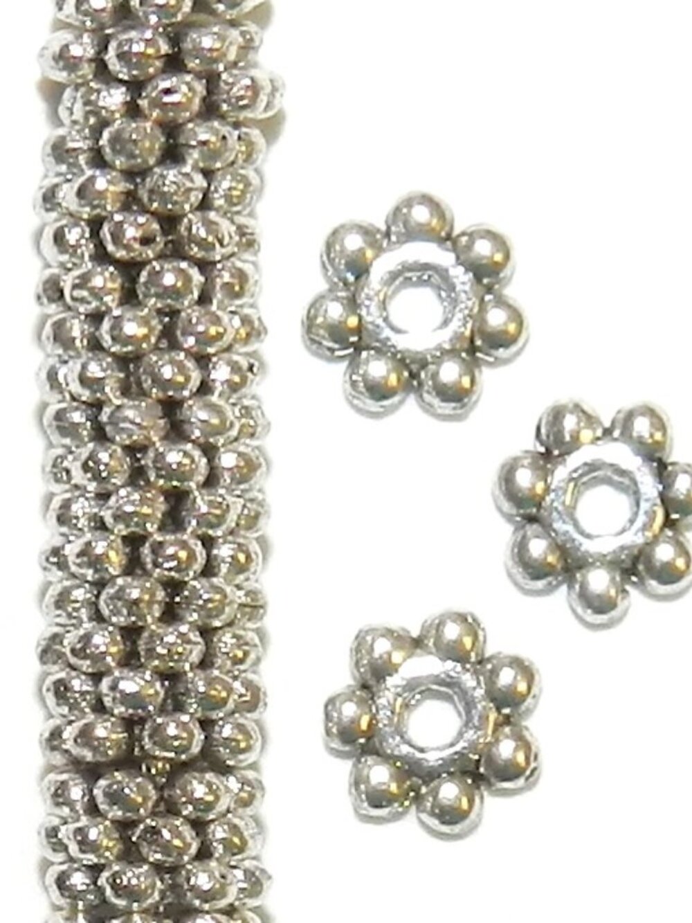 MBX7314 Antiqued Silver 4mm Round Dotted Daisy Flower Rondelle Metal Bead 250pc